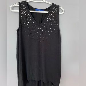 Women’s black tank with silver and gold accents